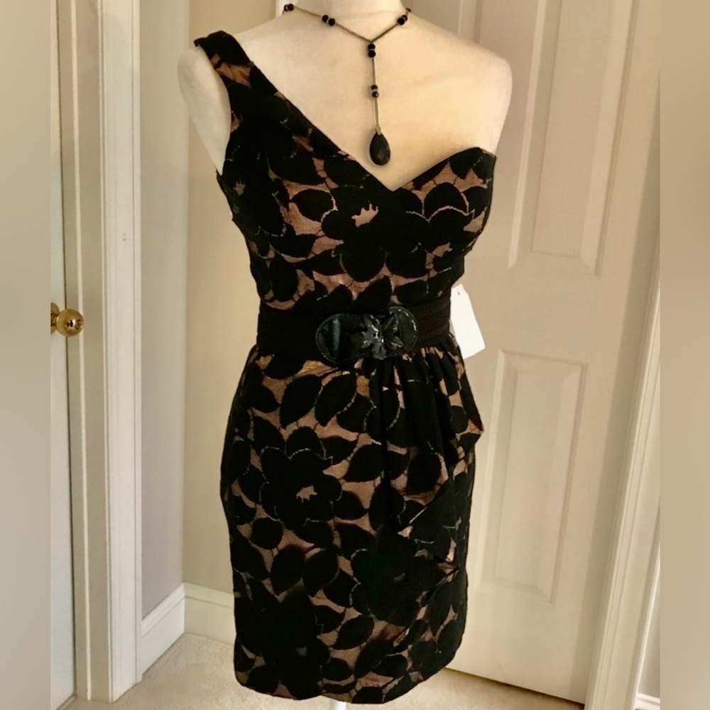 NWT Inspire Me One Shoulder Lace Dress With Ruffled Front and Belt